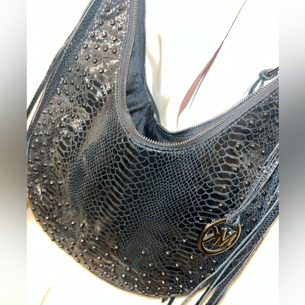 Michael Kors Medium Rhea Crystal Black Slouchy Shoulder Patent Python Black Bag